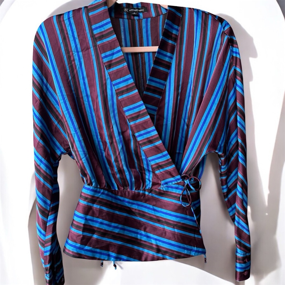I.N.C Wrap Blouse Long Sleeves Maroon & Blue Stripes Woman’s Small Satin Blouse - Picture 1 of 8
